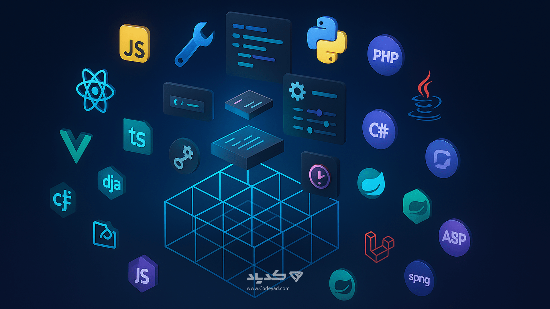 یک اسکلت نرم‌افزاری با آیکون‌های زبان‌ها و فریم‌ورک‌ها پیرامون آن